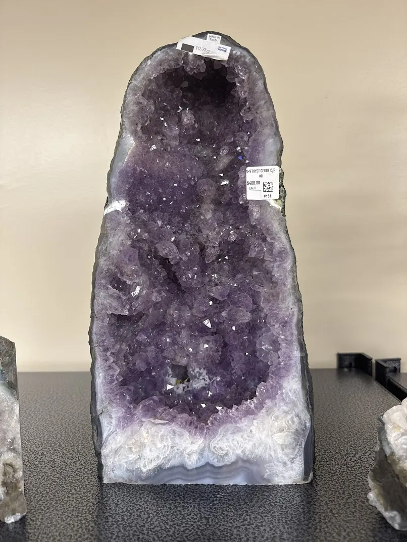 A Brazilian amethyst cathedral on the floor display