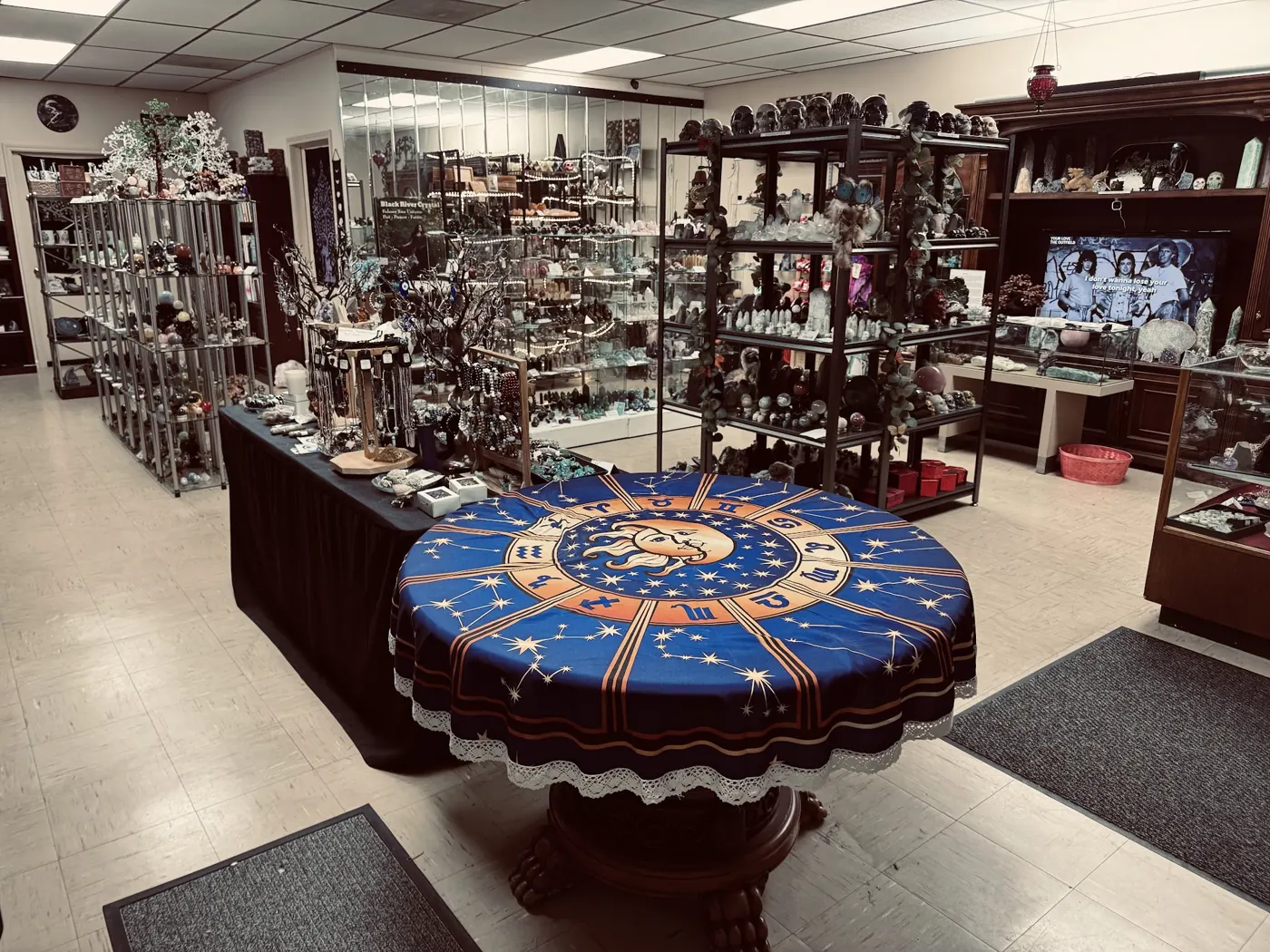 The zodiac table in the middle of the shoppe, with the skull shelf and specimen cases behind it